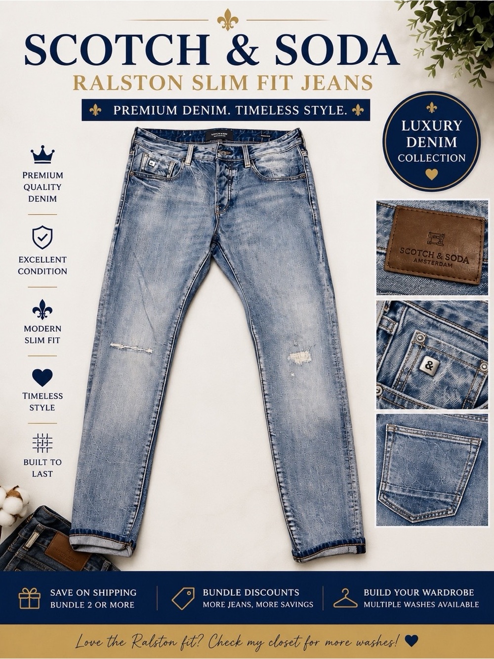 Scotch & Soda Ralston Slim Fit Jeans Men’s 31/32 • Light Wash Distressed Denim